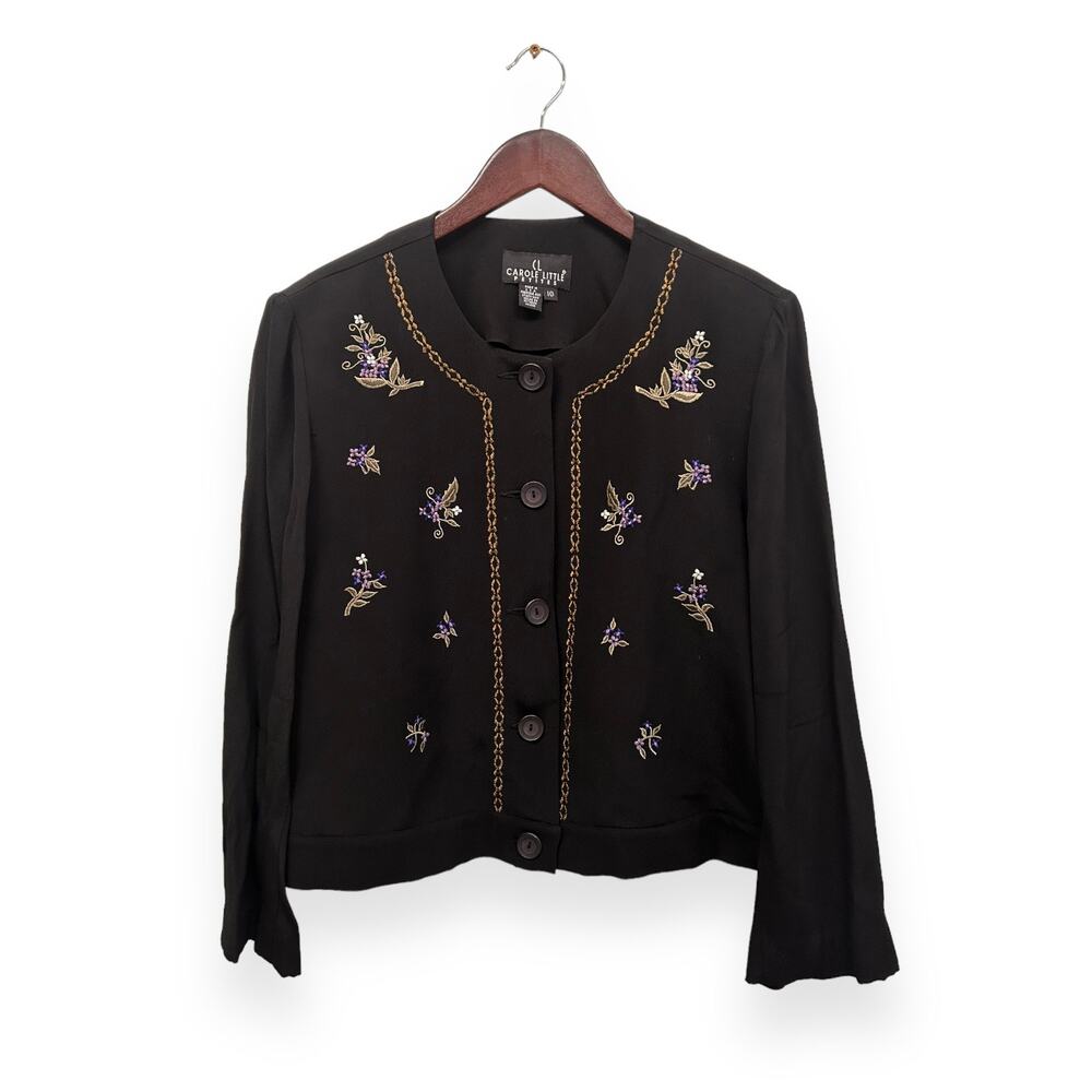 Vintage Carole Little Spring Flowers Embroidered Black Jacket Size 10